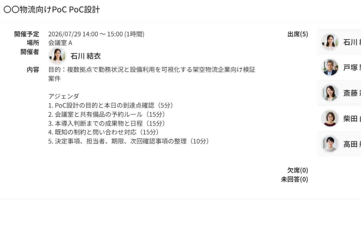 ミーティング画面では、参加依頼、出欠回答、予定や設備予約との関係を確認できます。